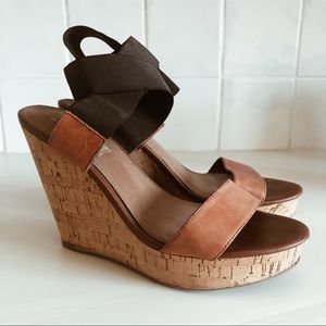 Black and Tan Steve Madden Strappy Cork Wedges
